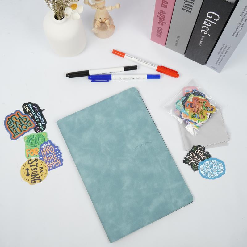 A5 Reusable Whiteboard Notebook Set with Elegant Faux Leather Cover, Dual-Tip Erasable Pens, Cleaning Cloth, and 50 Stylish Stickers for Ultimate Note-Taking Flexibility