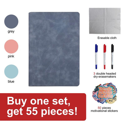 A5 Reusable Whiteboard Notebook Set with Elegant Faux Leather Cover, Dual-Tip Erasable Pens, Cleaning Cloth, and 50 Stylish Stickers for Ultimate Note-Taking Flexibility