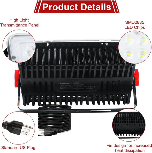 2 Pack 100W LED Outdoor Flood Light, Waterproof, 6500K, for Yard, Garden, Garage, Stadium