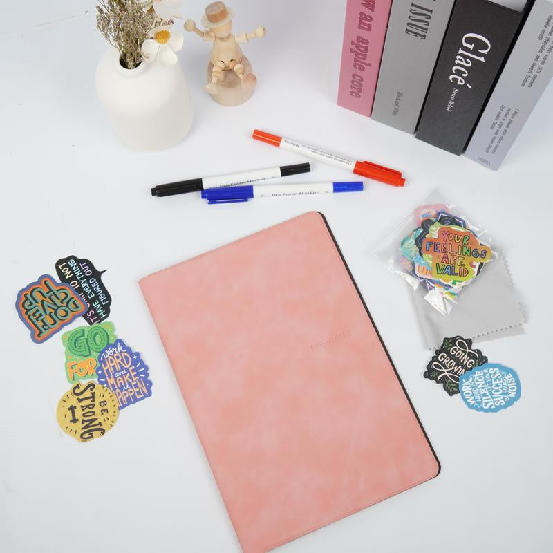 A5 Reusable Whiteboard Notebook Set with Elegant Faux Leather Cover, Dual-Tip Erasable Pens, Cleaning Cloth, and 50 Stylish Stickers for Ultimate Note-Taking Flexibility