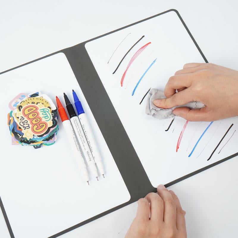 A5 Reusable Whiteboard Notebook Set with Elegant Faux Leather Cover, Dual-Tip Erasable Pens, Cleaning Cloth, and 50 Stylish Stickers for Ultimate Note-Taking Flexibility