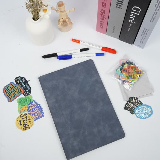 A5 Reusable Whiteboard Notebook Set with Elegant Faux Leather Cover, Dual-Tip Erasable Pens, Cleaning Cloth, and 50 Stylish Stickers for Ultimate Note-Taking Flexibility